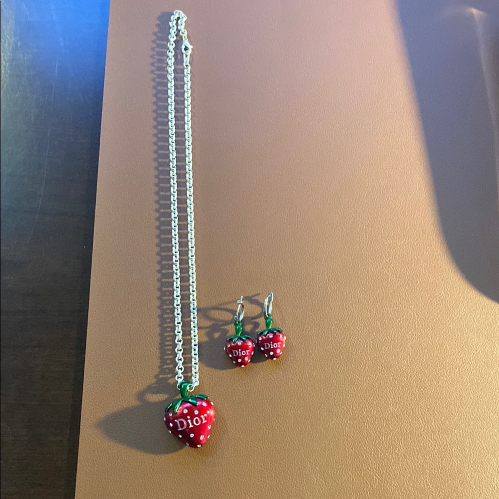 Dior Red Strawberry Necklace and Earrings Set